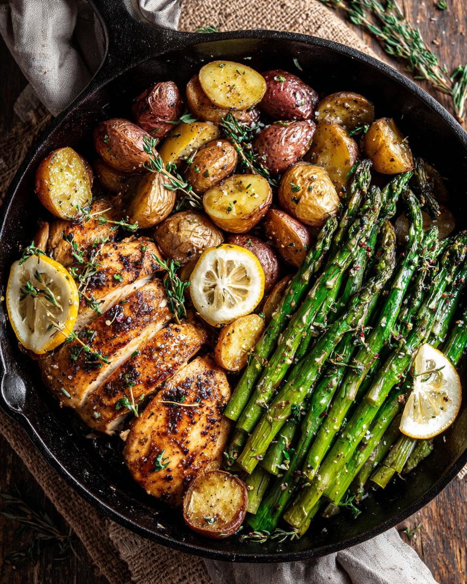 A cast iron skillet filled with lemon herb chicken, roasted potatoes, and asparagus, perfect for easy weeknight dinners.