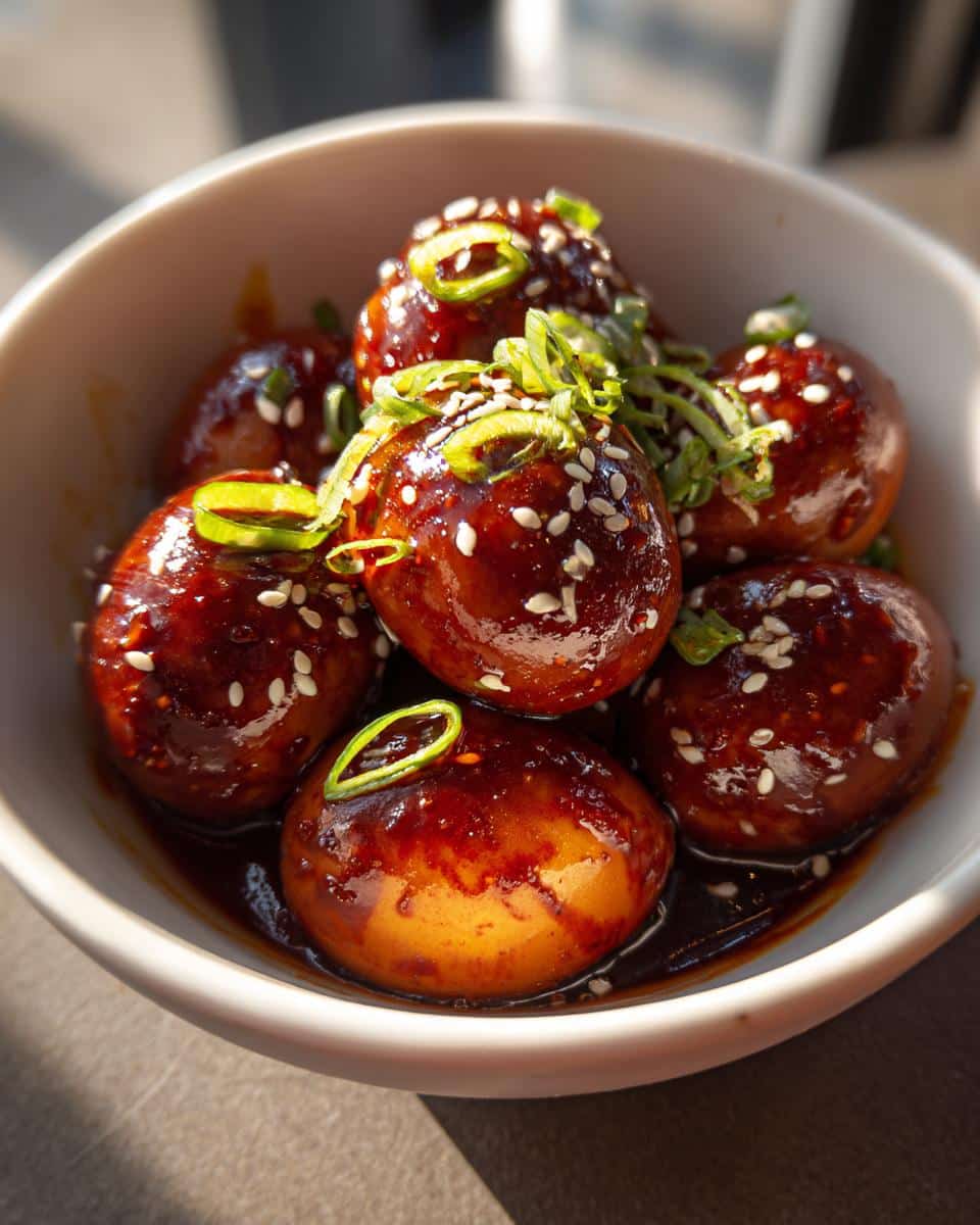 A bowl of spicy boiled eggs coated in a dark, glossy glaze, sprinkled with sesame seeds and green onions.
