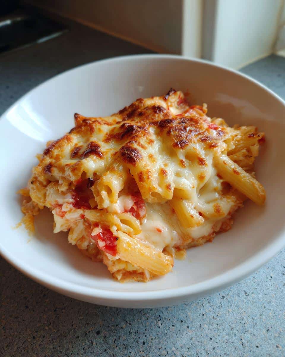 A close-up of a cheesy baked pasta dish, featuring penne pasta, tomato sauce, and melted mozzarella, perfect for family friendly pasta recipes.