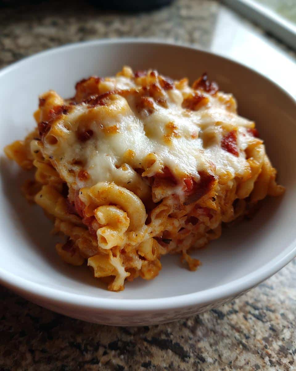 A serving of cheesy baked pasta with hidden vegetables, a perfect family friendly pasta recipe.