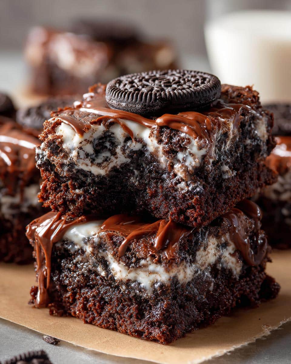 Two decadent slices of Fast Oreo Dump Cake Recipe, stacked and drizzled with chocolate, topped with an Oreo cookie.