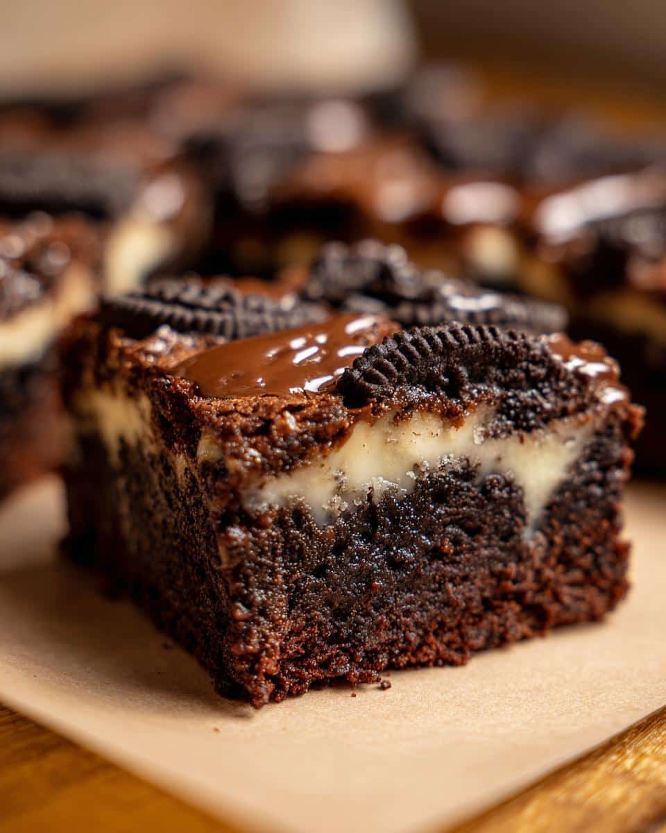 A decadent slice of Fast Oreo Dump Cake Recipe, featuring rich chocolate cake, creamy filling, and Oreo cookie topping.