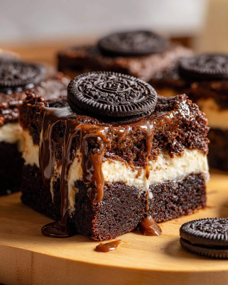 A decadent slice of Fast Oreo Dump Cake Recipe, topped with chocolate drizzle and a whole Oreo cookie.