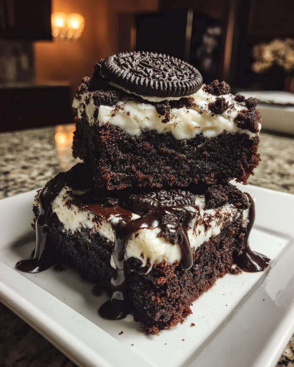 Two decadent slices of Fast Oreo Dump Cake Recipe, layered with cream and drizzled with chocolate sauce.