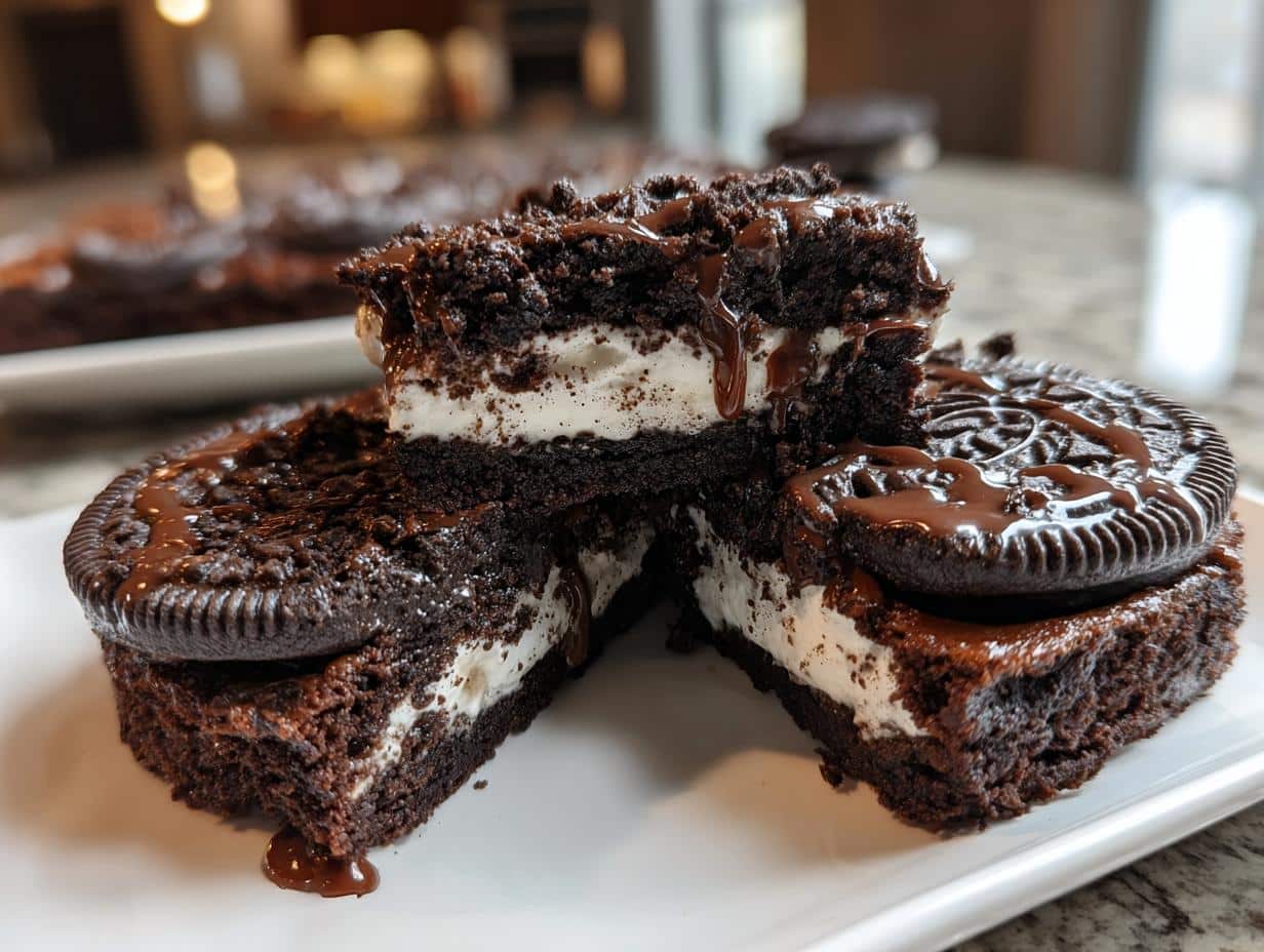 Close-up of decadent chocolate cake slices layered with cream and topped with Oreos, drizzled with chocolate sauce. Fast Oreo Dump Cake Recipe.