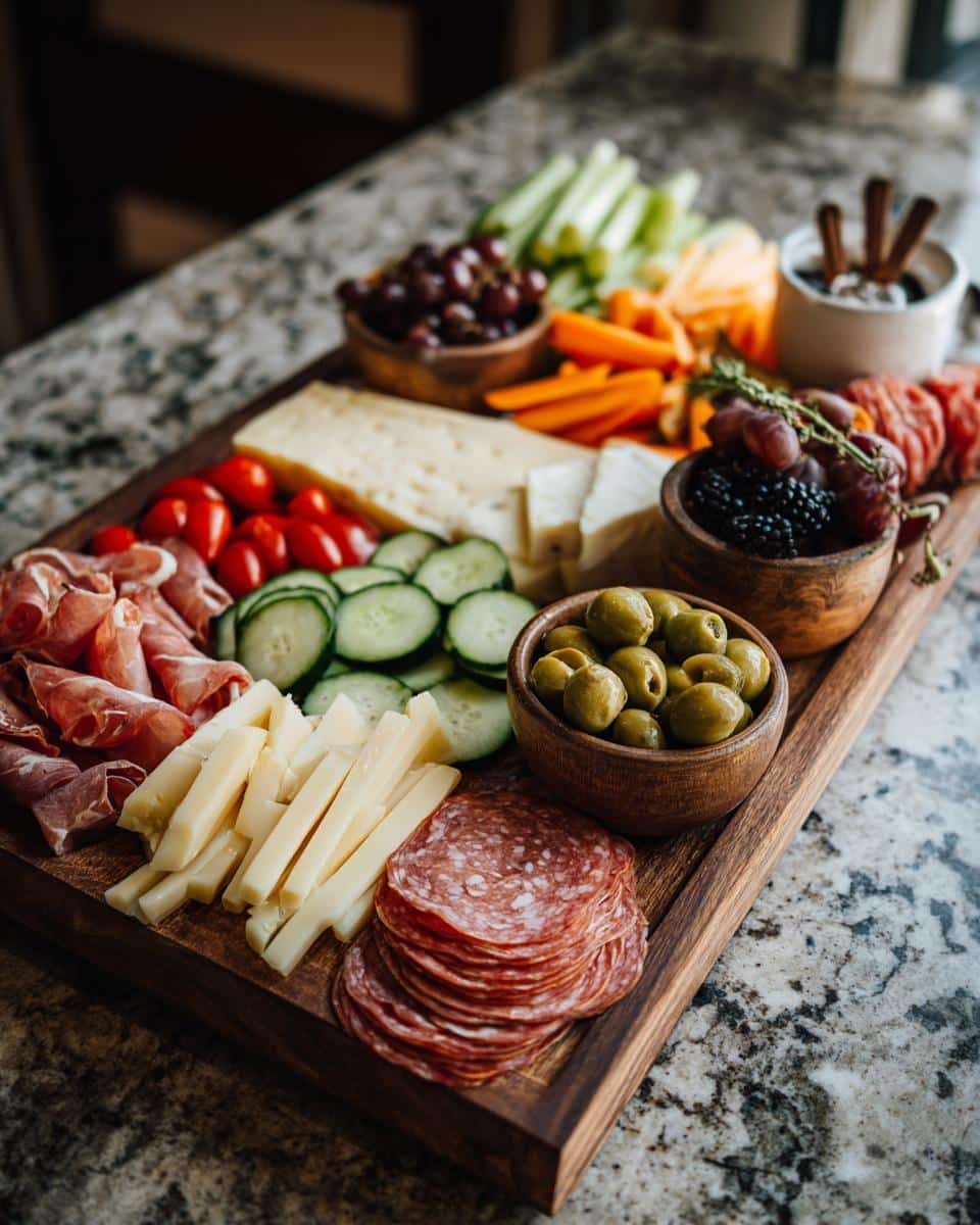 A beautiful charcuterie board featuring a Girl Dinner Recipe with prosciutto, salami, cheese, olives, grapes, and vegetables.