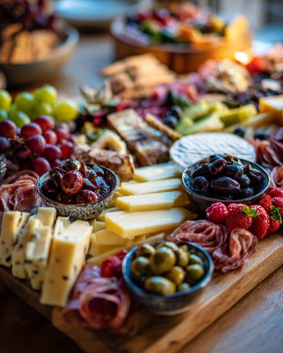 A beautiful and abundant charcuterie board for a Girl Dinner Recipe, featuring various cheeses, meats, olives, grapes, and berries.