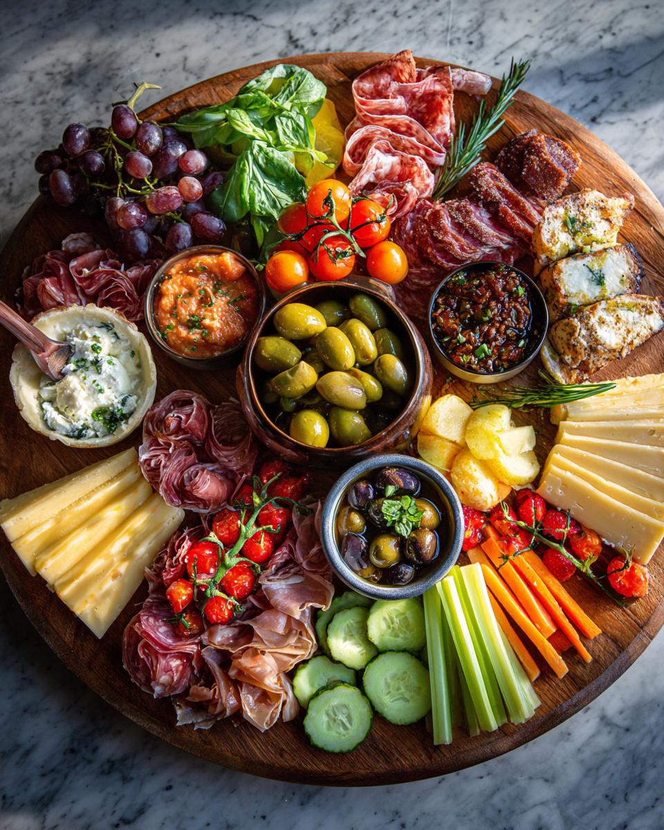 A beautiful charcuterie board for a Girl Dinner Recipe, featuring meats, cheeses, olives, grapes, and vegetables.