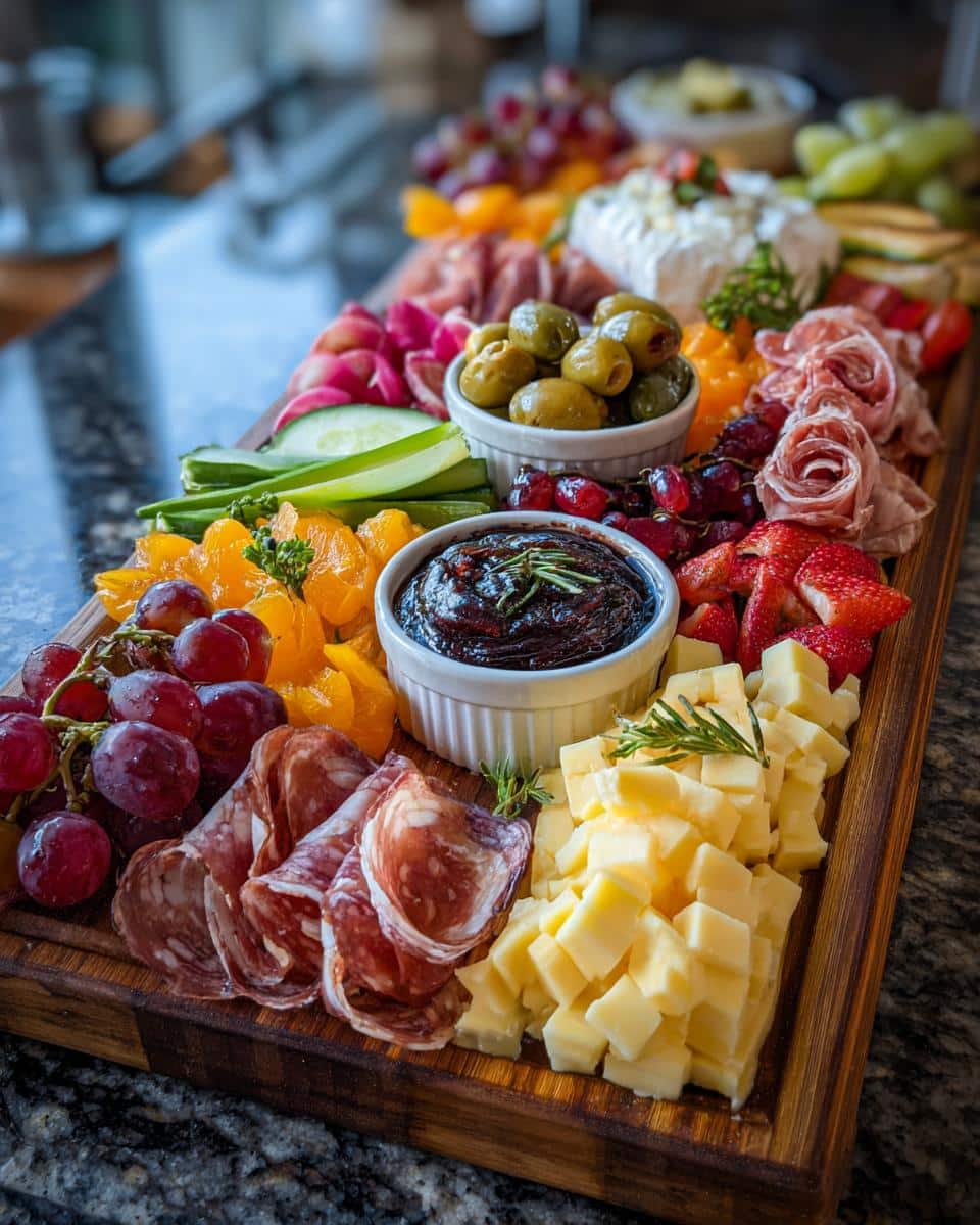 A vibrant and abundant charcuterie board featuring a Girl Dinner Recipe with cheese, salami, olives, fruits, and dips.
