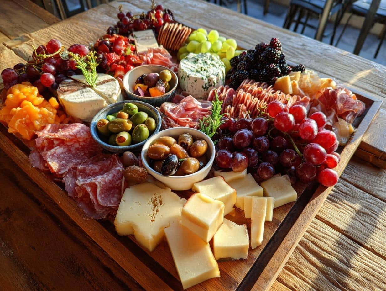 A beautiful and abundant charcuterie board featuring a Girl Dinner Recipe with cheeses, meats, fruits, and olives.