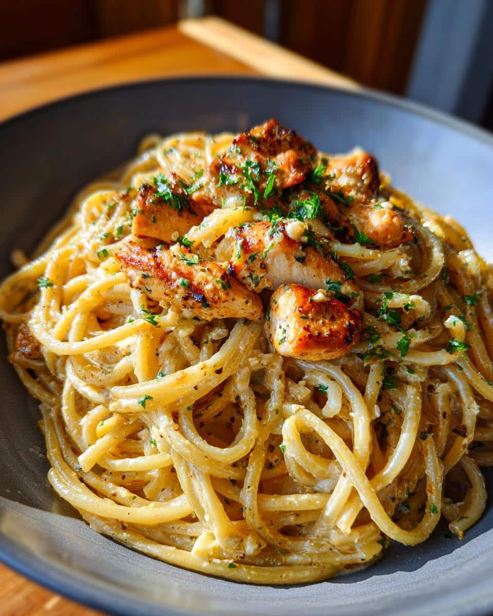 Close-up of a bowl of gluten free garlic butter chicken pasta, topped with grilled chicken pieces and fresh parsley.