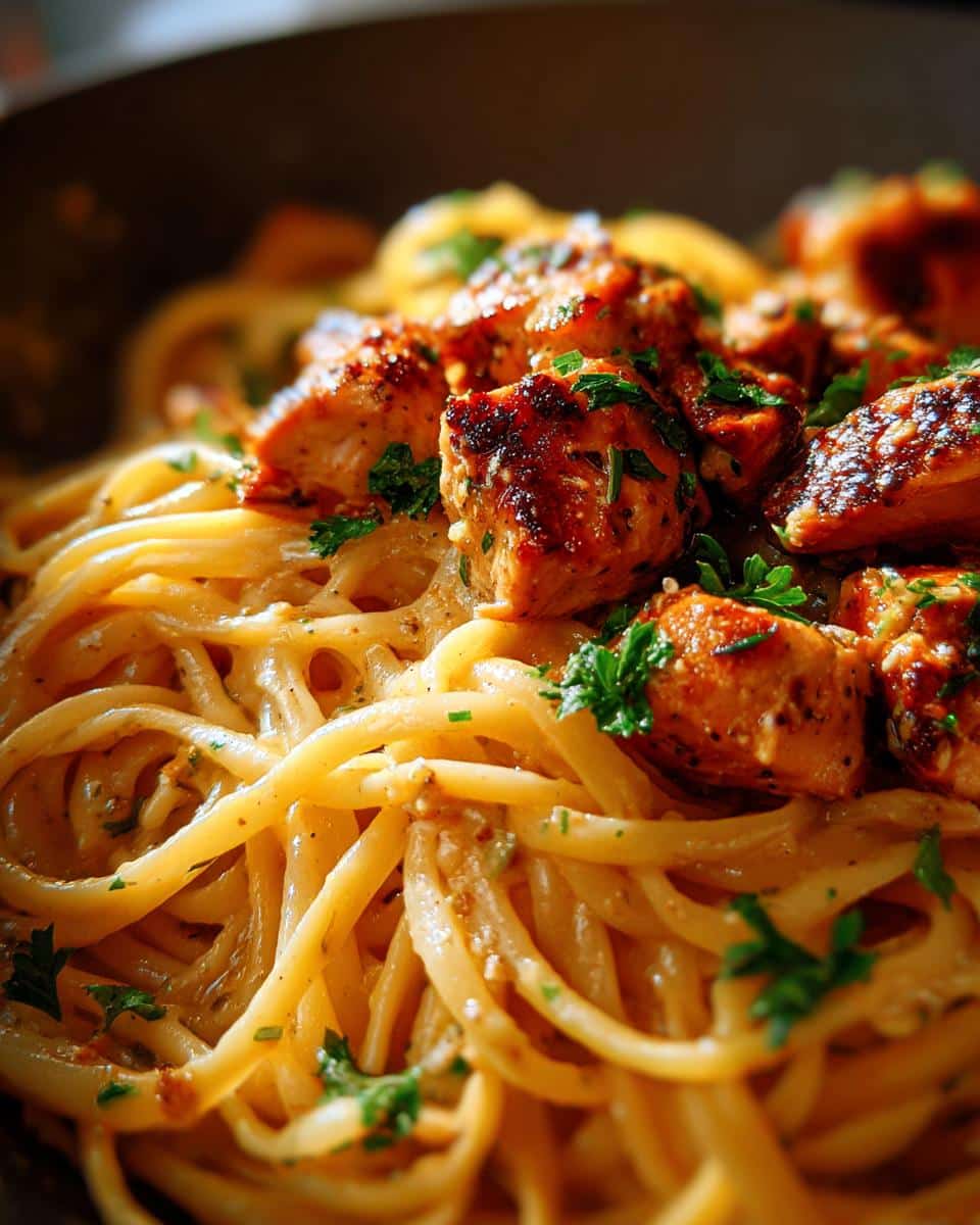 Close-up of gluten free garlic butter chicken pasta, featuring golden-brown chicken pieces and twirled pasta coated in creamy sauce, garnished with parsley.
