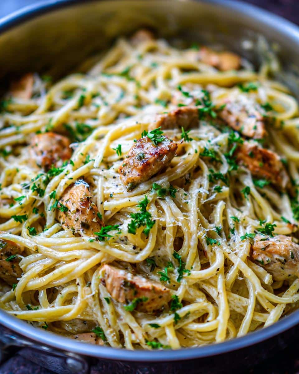 Close-up of gluten free garlic butter chicken pasta in a pan, garnished with parsley and parmesan.