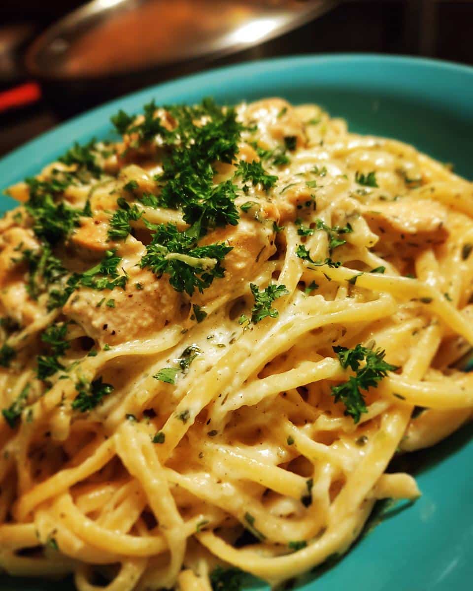 A close-up of a plate of gluten free garlic butter chicken pasta, topped with fresh parsley.