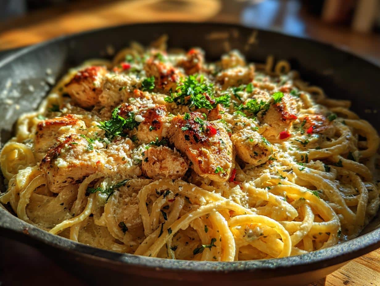 A close-up of a pan filled with gluten free garlic butter chicken pasta, topped with herbs and cheese.