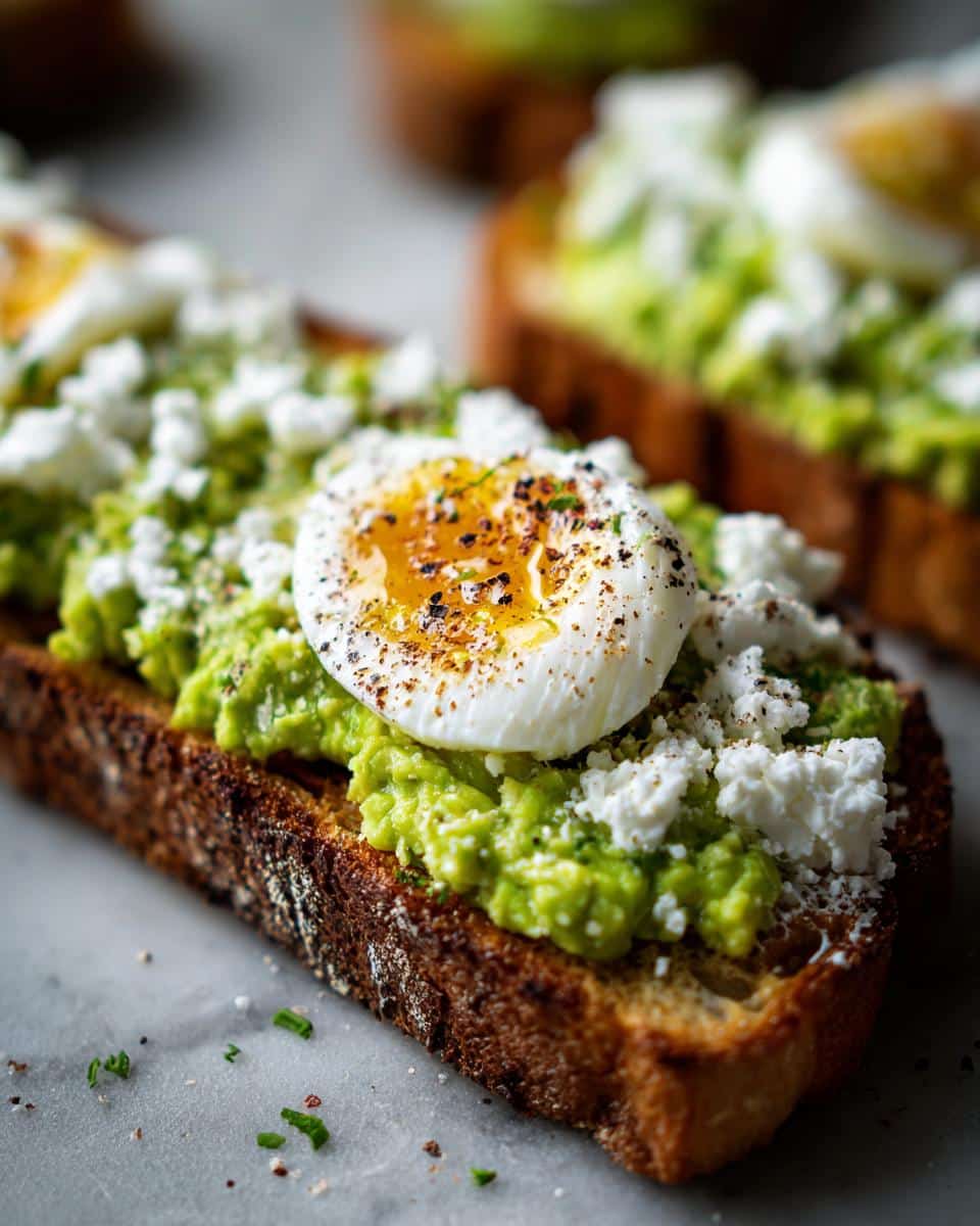 Close-up of Grated Egg Avocado Toast topped with crumbled feta cheese and a perfectly cooked egg.