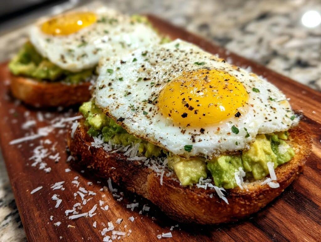 Close-up of Grated Egg Avocado Toast topped with a perfectly fried egg, fresh avocado, and shredded cheese.
