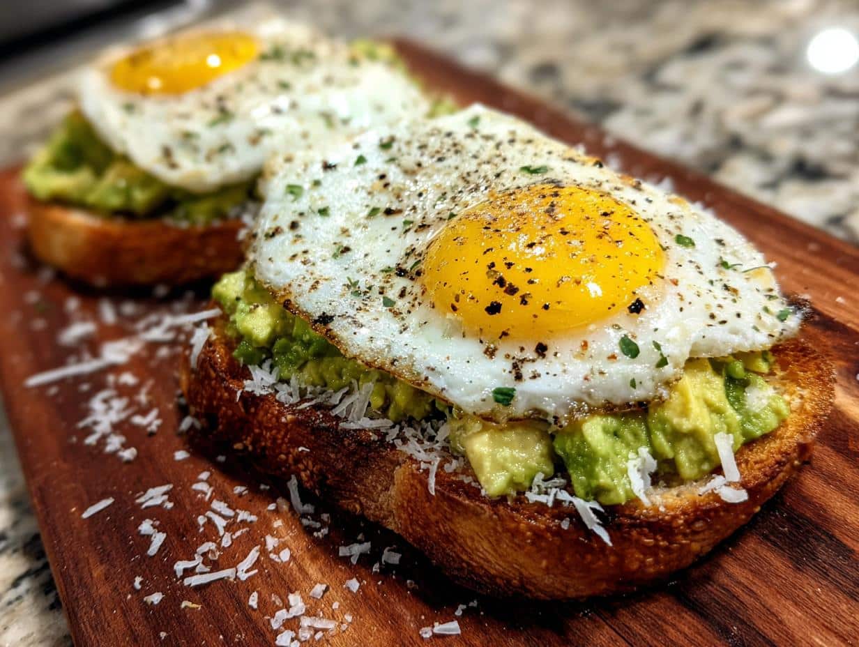 Close-up of Grated Egg Avocado Toast topped with a perfectly fried egg, fresh avocado, and shredded cheese.