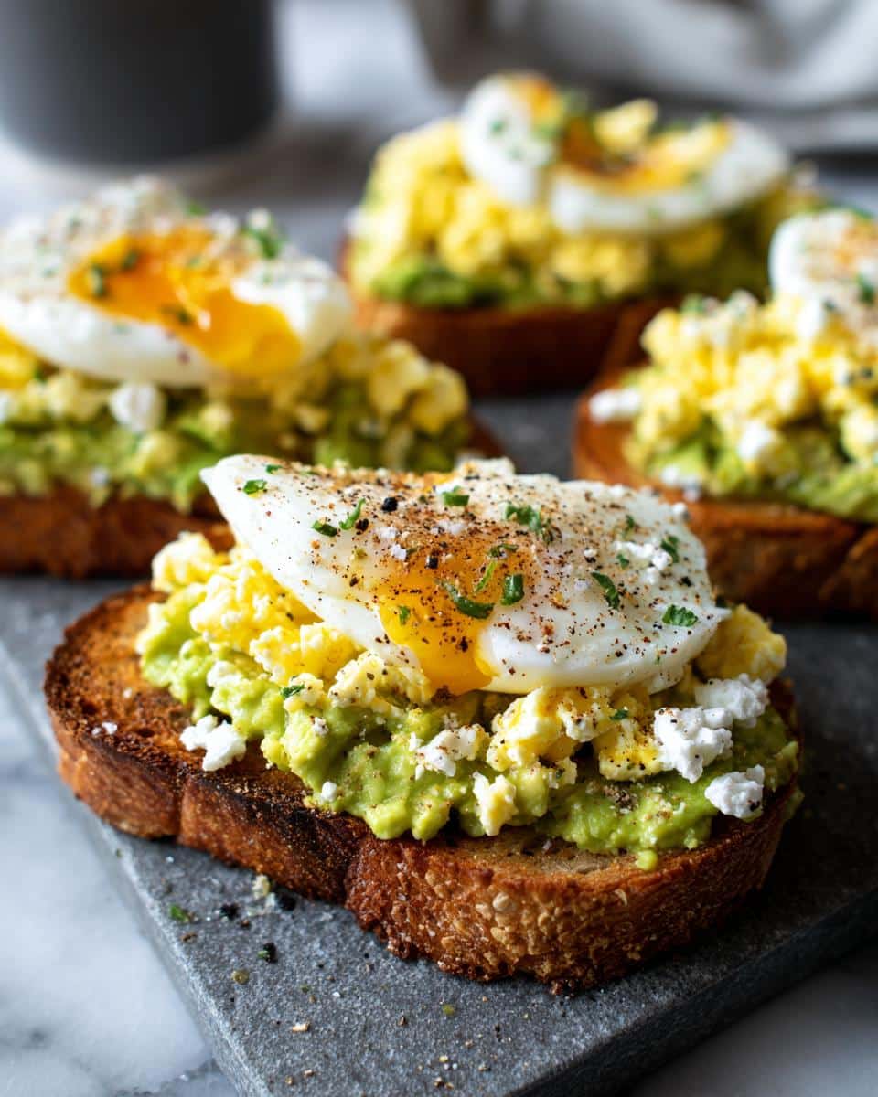 Close-up of Grated Egg Avocado Toast topped with a runny poached egg, crumbled feta, and chives.