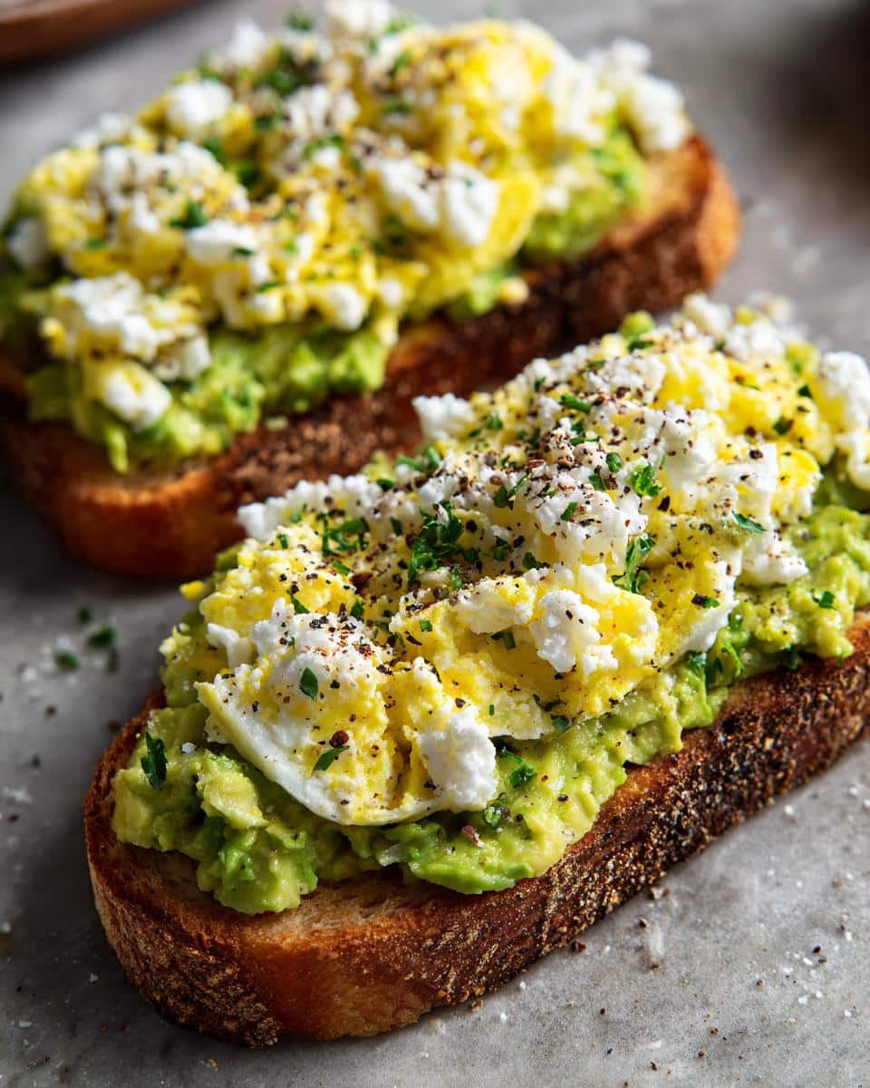 Close-up of two slices of Grated Egg Avocado Toast topped with scrambled eggs, feta cheese, and herbs.