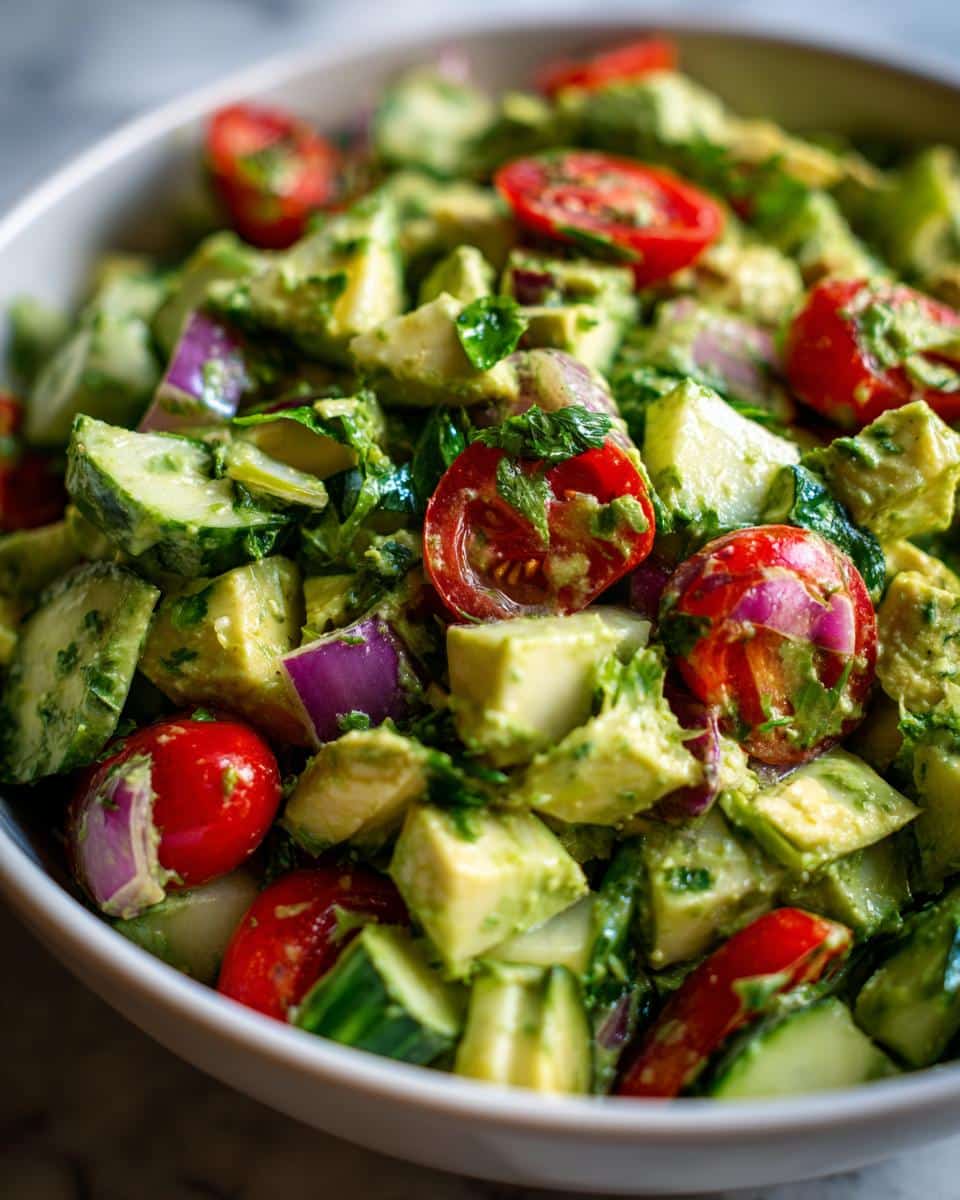 Close-up of a vibrant Green Goddess Chop Salad featuring diced avocado, cherry tomatoes, cucumber, and red onion.