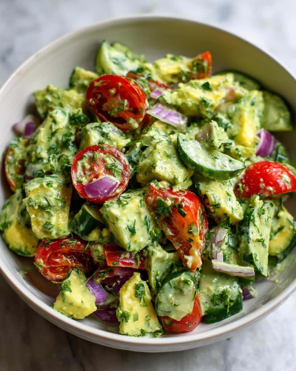 A vibrant bowl of Green Goddess Chop Salad featuring creamy avocado, cherry tomatoes, cucumber, and red onion in a creamy dressing.