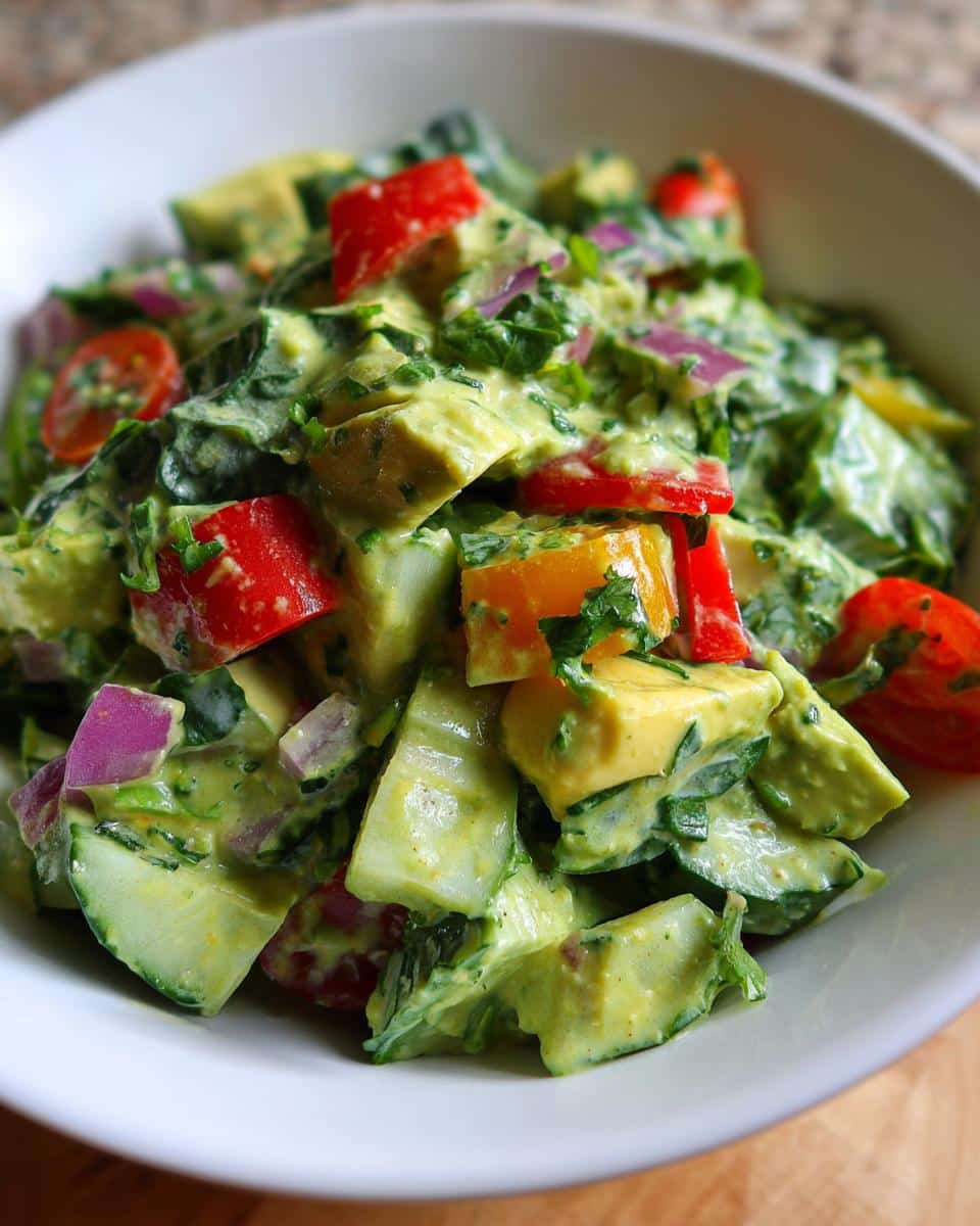 A close-up of a vibrant Green Goddess Chop Salad featuring avocado, cucumber, tomatoes, red onion, and bell peppers in a creamy dressing.