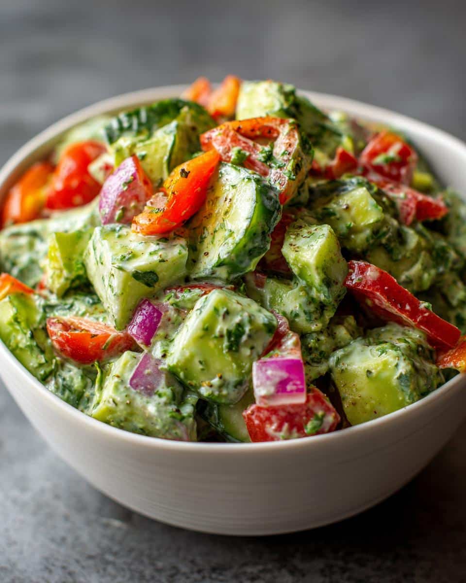 A close-up of a vibrant Green Goddess Chop Salad in a white bowl, featuring chopped cucumbers, tomatoes, red onion, and a creamy green dressing.