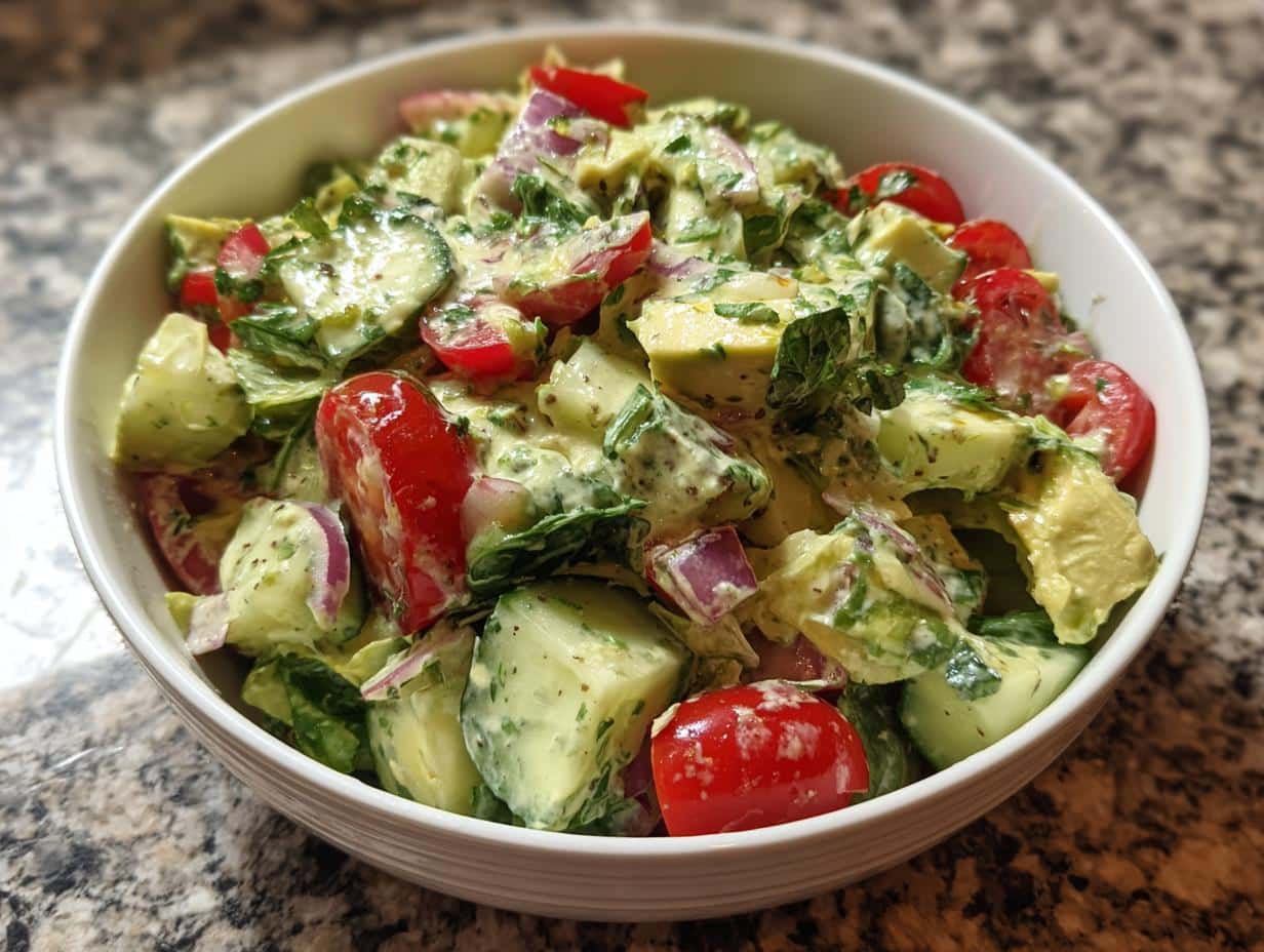 A close-up of a vibrant Green Goddess Chop Salad in a white bowl, featuring chopped avocado, cucumber, tomatoes, and red onion with a creamy dressing.