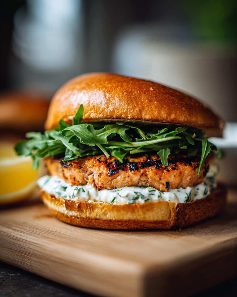 A close-up of a delicious grilled salmon burger topped with fresh arugula and creamy sauce.