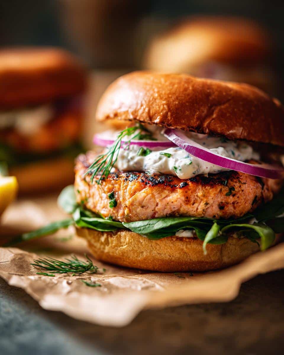 A close-up of a juicy grilled salmon burger on a toasted bun, topped with creamy sauce, red onion, and dill.