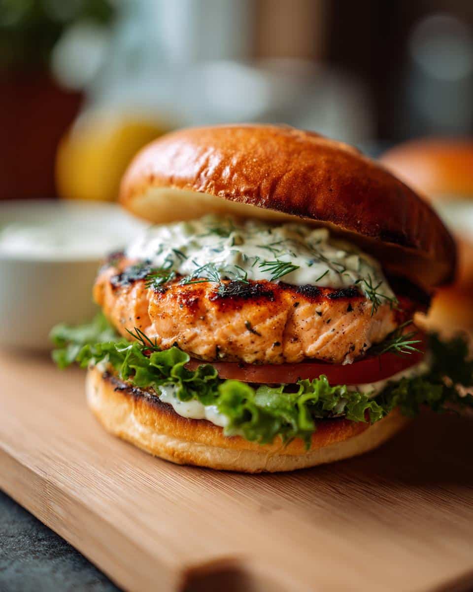 A juicy grilled salmon burger on a toasted bun, topped with lettuce, tomato, and creamy dill sauce.