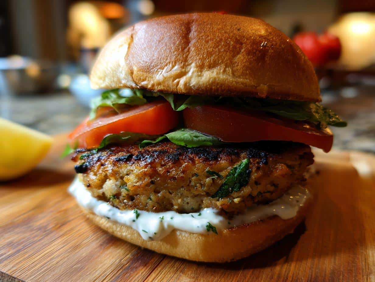 A juicy grilled salmon burger with lettuce, tomato, and creamy sauce on a bun, ready to eat.