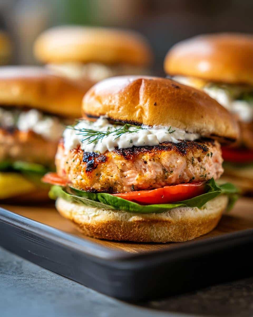 Close-up of a grilled salmon burger on a bun, topped with creamy dill sauce and fresh dill.