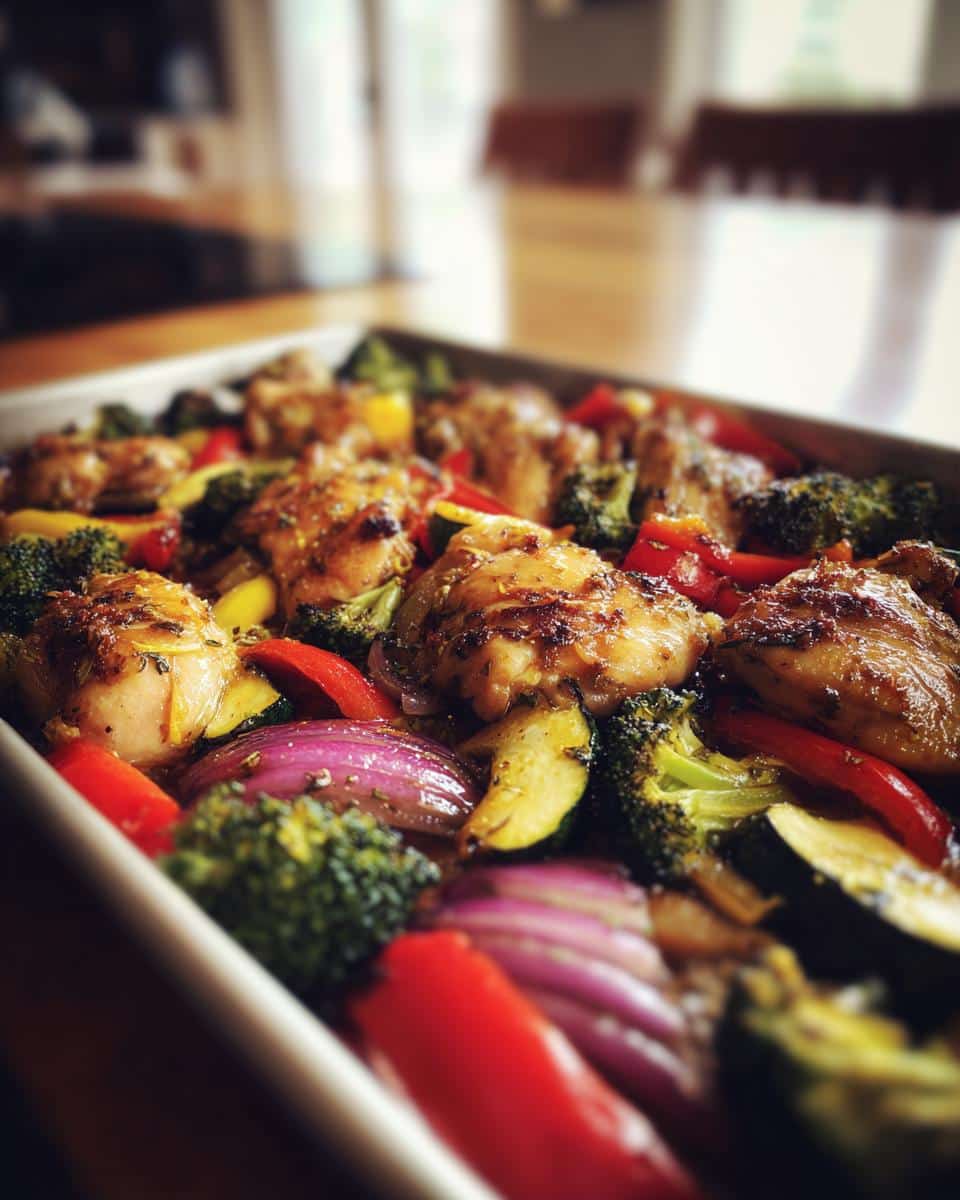 A close-up of a baking sheet filled with roasted chicken thighs, broccoli, red bell peppers, zucchini, and red onion, perfect for healthy family dinner ideas.