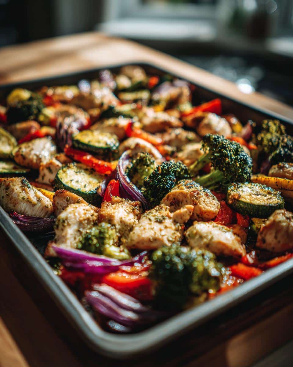 A close-up of a sheet pan filled with roasted chicken pieces, broccoli, zucchini, red onion, and bell peppers, perfect for healthy family dinner ideas.