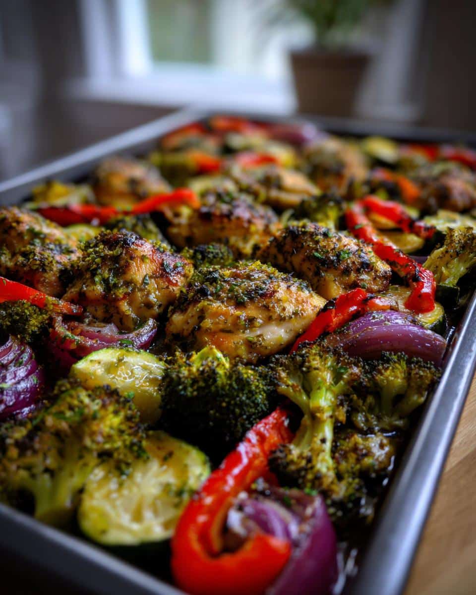 A full sheet pan of roasted chicken thighs with broccoli, red bell peppers, zucchini, and red onion, seasoned with herbs. A great healthy family dinner idea.