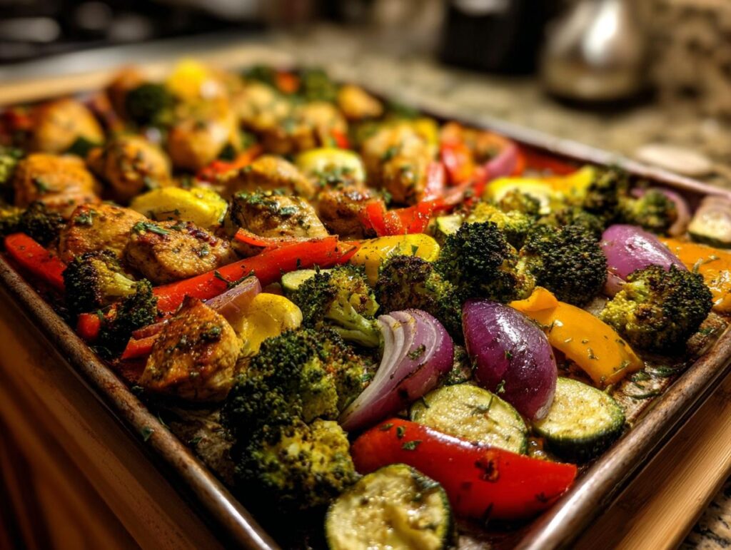A colorful sheet pan filled with roasted chicken pieces and a variety of vegetables, perfect for healthy family dinner ideas.