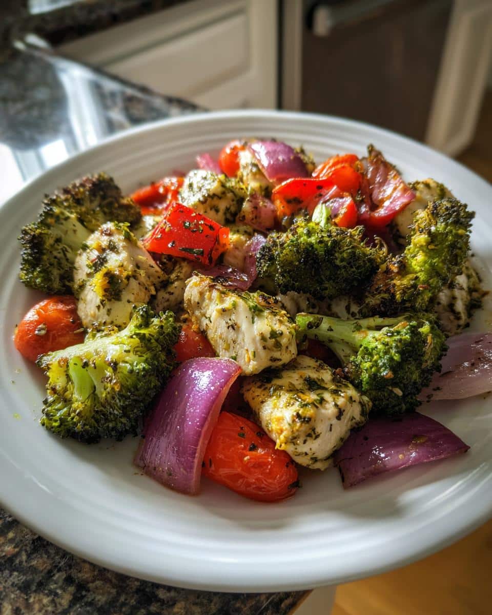 A white plate filled with healthy meal prep chicken and roasted vegetables including broccoli, red onion, and cherry tomatoes.
