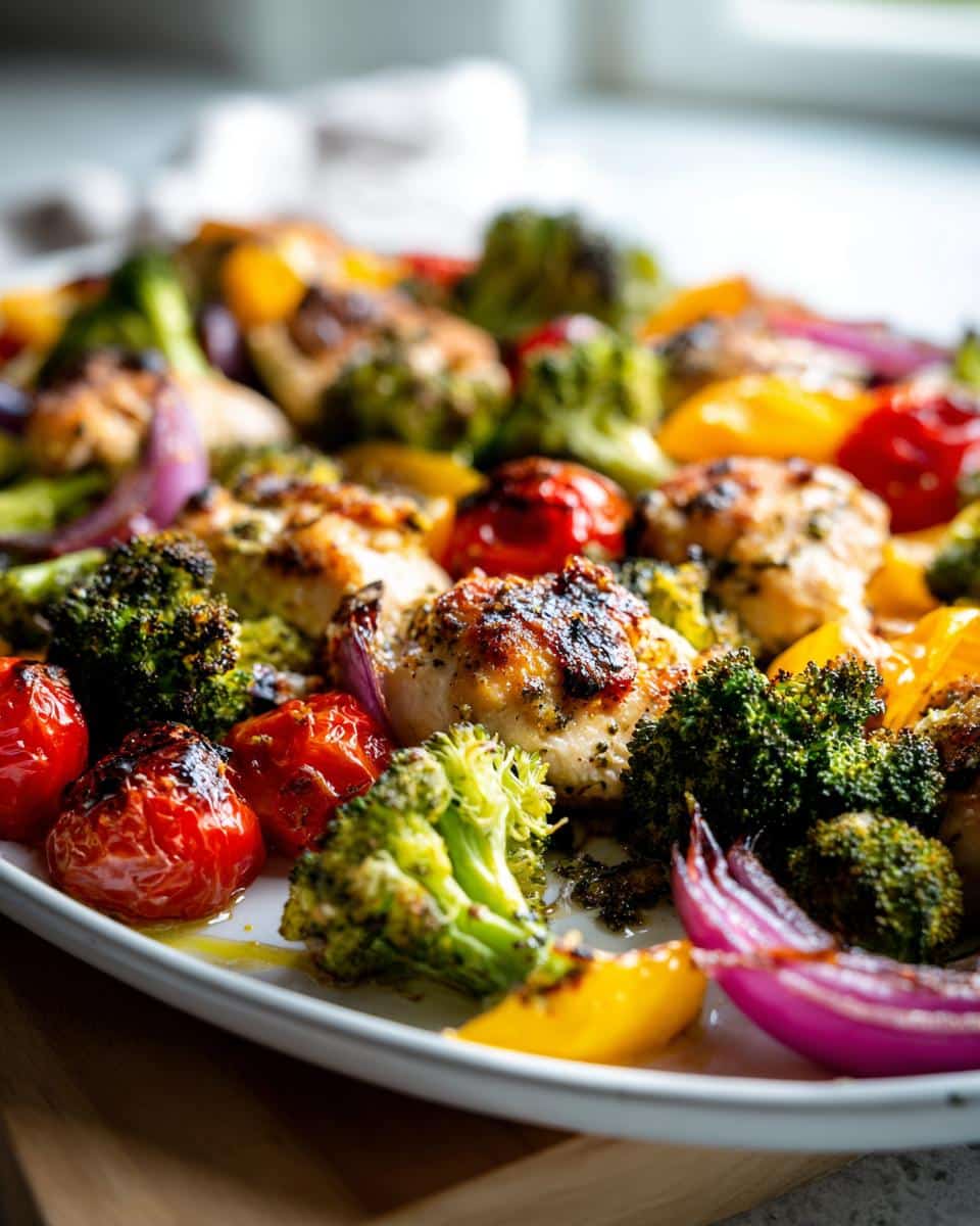 A platter of healthy meal prep chicken pieces with roasted broccoli, cherry tomatoes, bell peppers, and red onion.