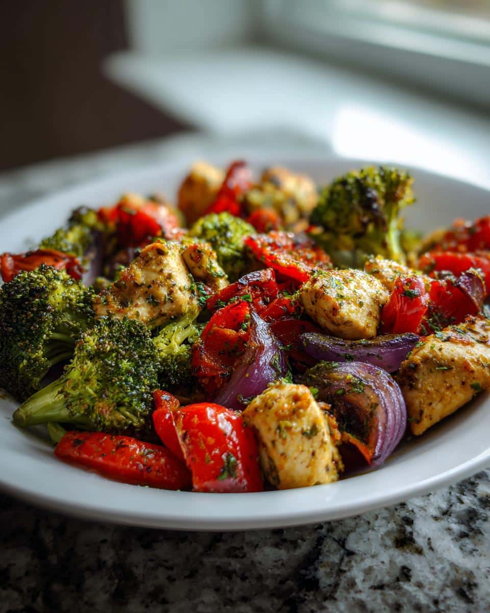 A white plate filled with healthy meal prep chicken and roasted vegetables like broccoli, red peppers, and red onion.