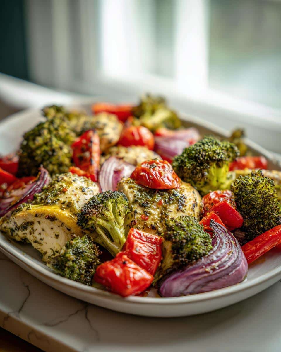 A close-up of a healthy meal prep dish featuring roasted chicken breast with broccoli, red onion, and cherry tomatoes.