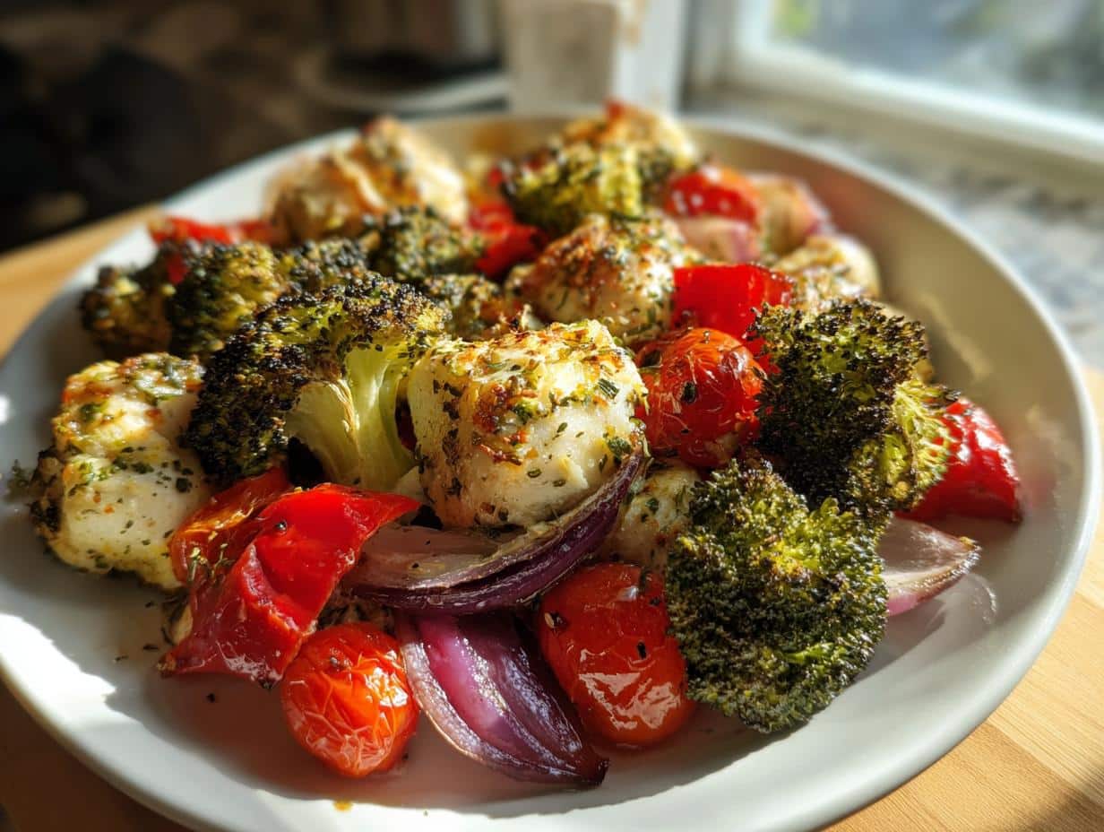 A plate of roasted chicken breast pieces with broccoli, cherry tomatoes, and red onion, seasoned with herbs. A perfect example of healthy meal prep recipes.
