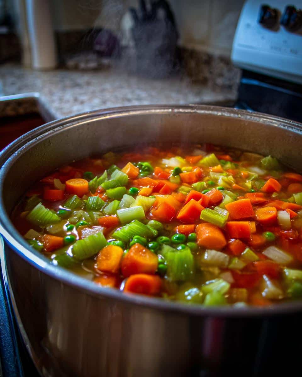 Close-up of a pot of healthy vegetable soup for weight loss, with carrots, peas, and celery steaming.