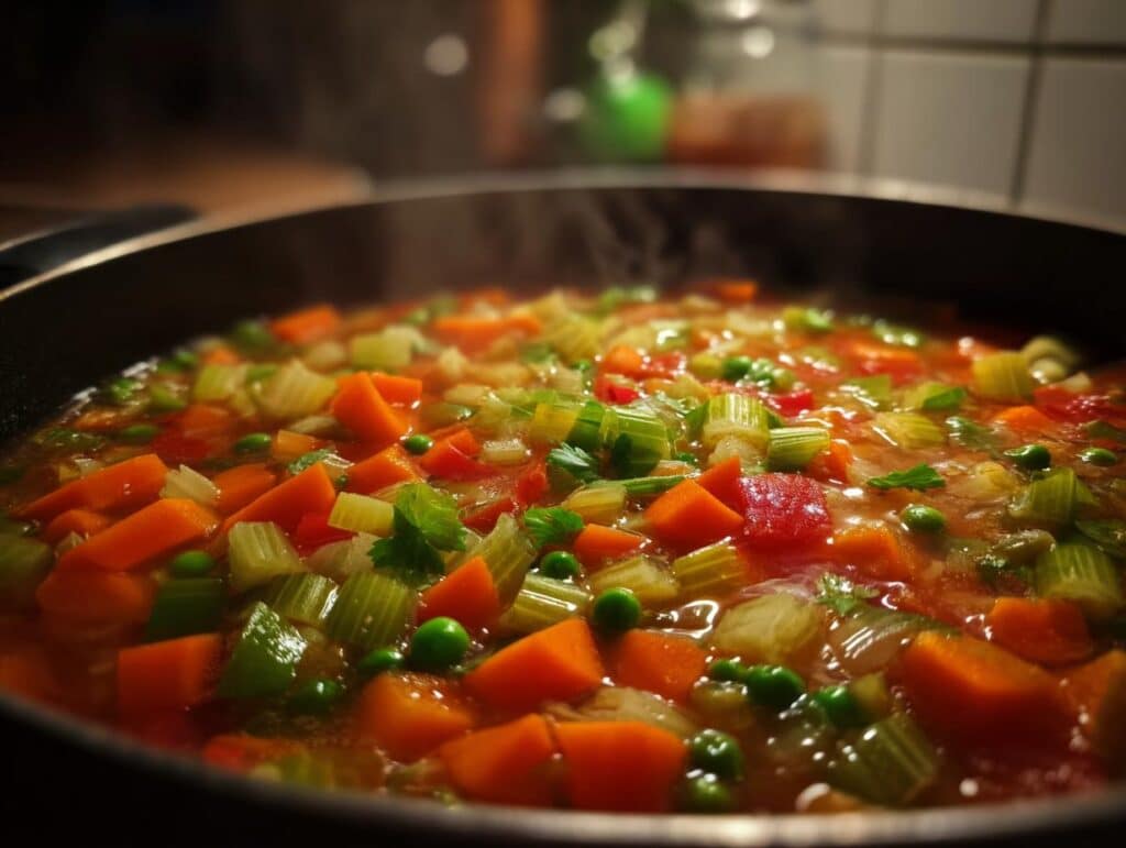Close-up of a steaming pot of healthy vegetable soup for weight loss, filled with carrots, celery, peas, and tomatoes.