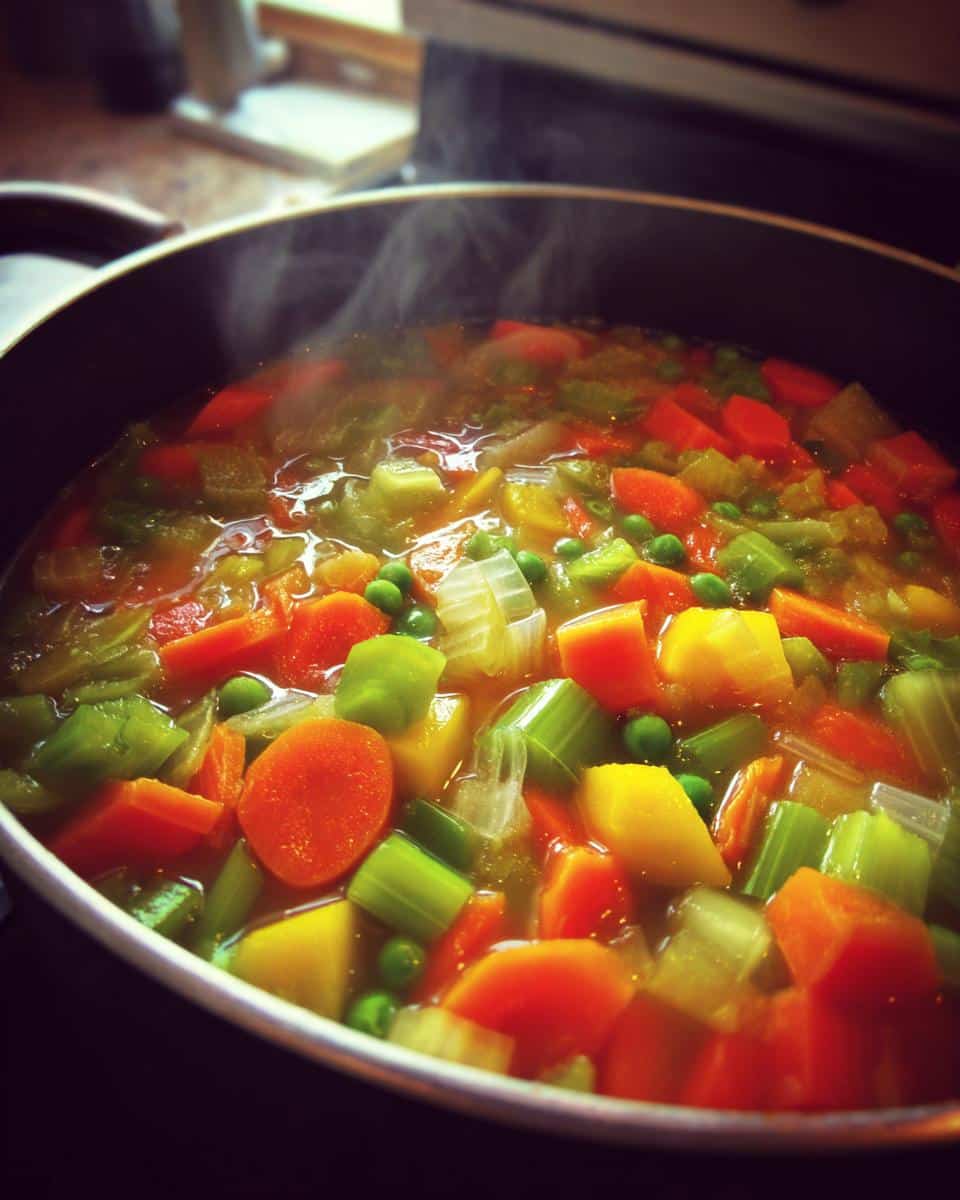A steaming pot of healthy vegetable soup for weight loss, filled with carrots, celery, peas, and potatoes.