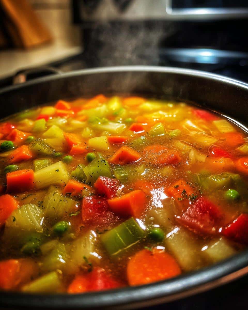 Close-up of a steaming pot of healthy vegetable soup for weight loss, filled with carrots, celery, peas, and potatoes.