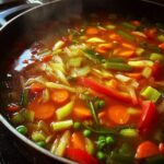 Close-up of a pot of simmering healthy vegetable soup for weight loss, filled with carrots, celery, peas, and bell peppers.