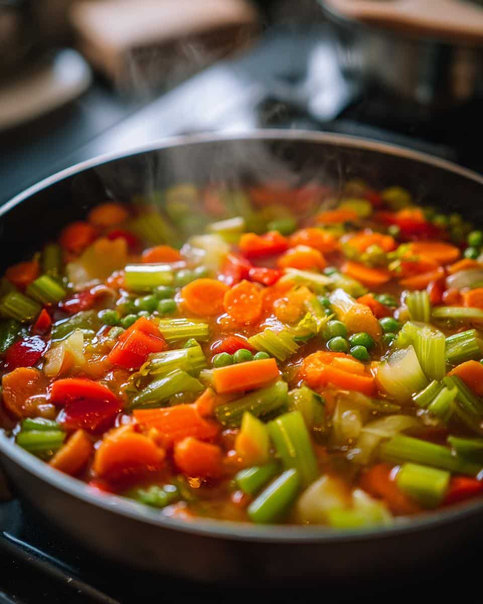 Close-up of a steaming pot of healthy vegetable soup for weight loss, filled with carrots, celery, peas, and tomatoes.