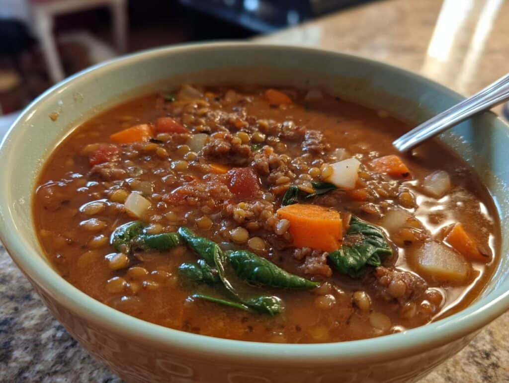 A close-up of a bowl filled with a hearty lentil soup, featuring lentils, ground meat, carrots, spinach, and tomatoes. This is one of the amazing easy one pot soup recipes.